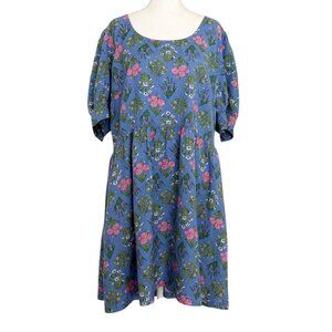 Loft Floral U-Neck Linen Blend Puff‎ Sleeve Bloomcore Botanical Print Dress (16)